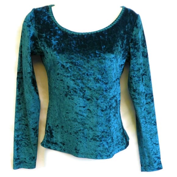 Vintage 80s 90s Crushed Velvet Fitted Stretch Teal Macrame Trim Anchor Blue S - Picture 2 of 8